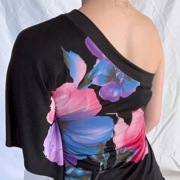 Bebe black asymmetrical one shoulder blue purple pink floral fairy Y2K romantic - Picture 3 of 4
